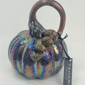 Tahari Home Iridescent Glass Pumpkin Oil Slick Rainbow Bubble Decor 7.5 Inch NEW